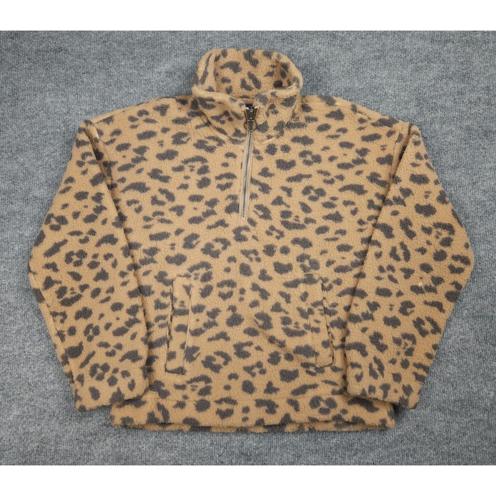 Abercrombie & Fitch Sweater Women Small Brown Fleece Leopard Print 1/4 Zip Soft